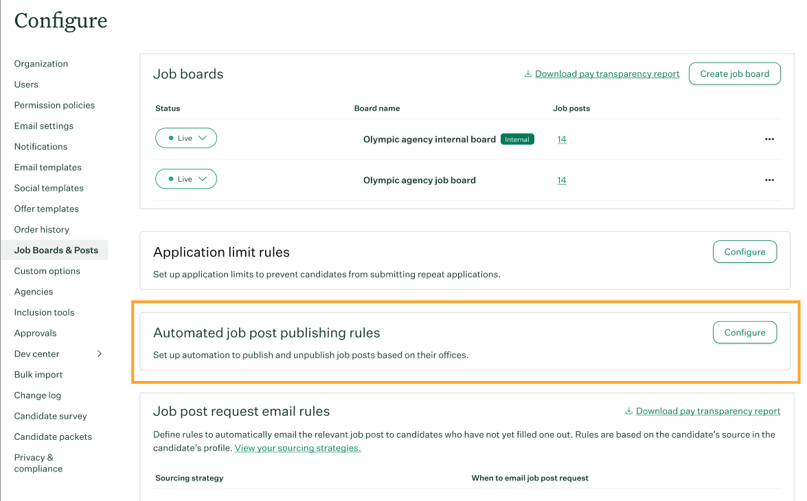 Job Boards & Posts page showing the Automated job post publishing rules section with a Configure button