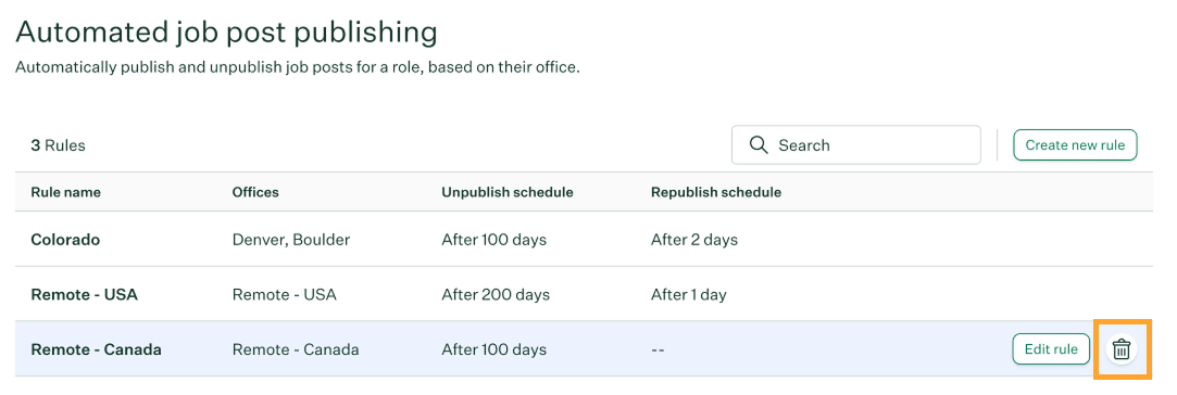 Automated job post publishing rules section showing the trash icon used to delete a rule