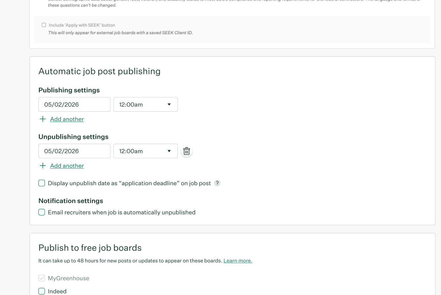 Job post Automatic job post publishing section with fields for scheduling publish and unpublish dates