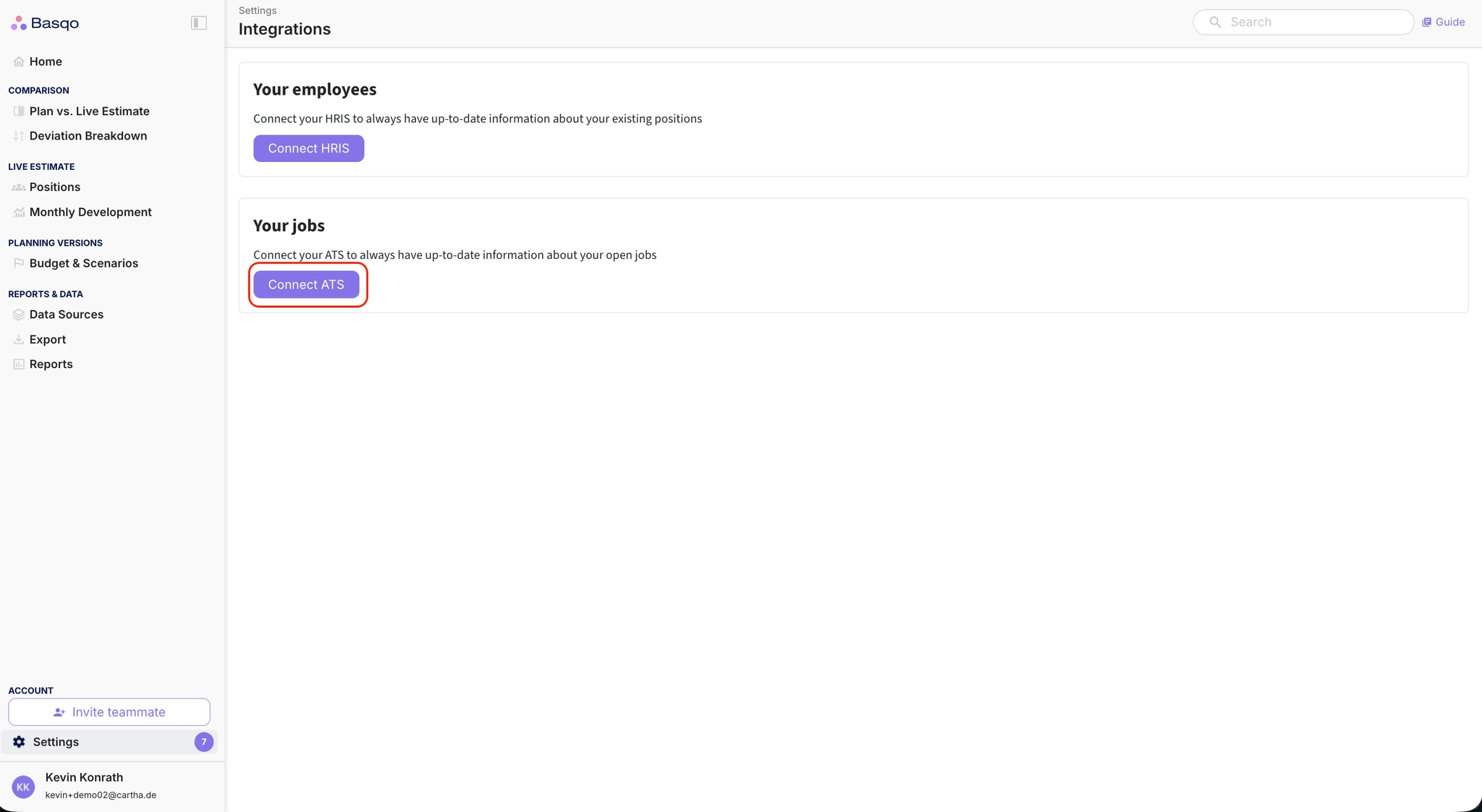 Basqo Connect ATS list showing Greenhouse