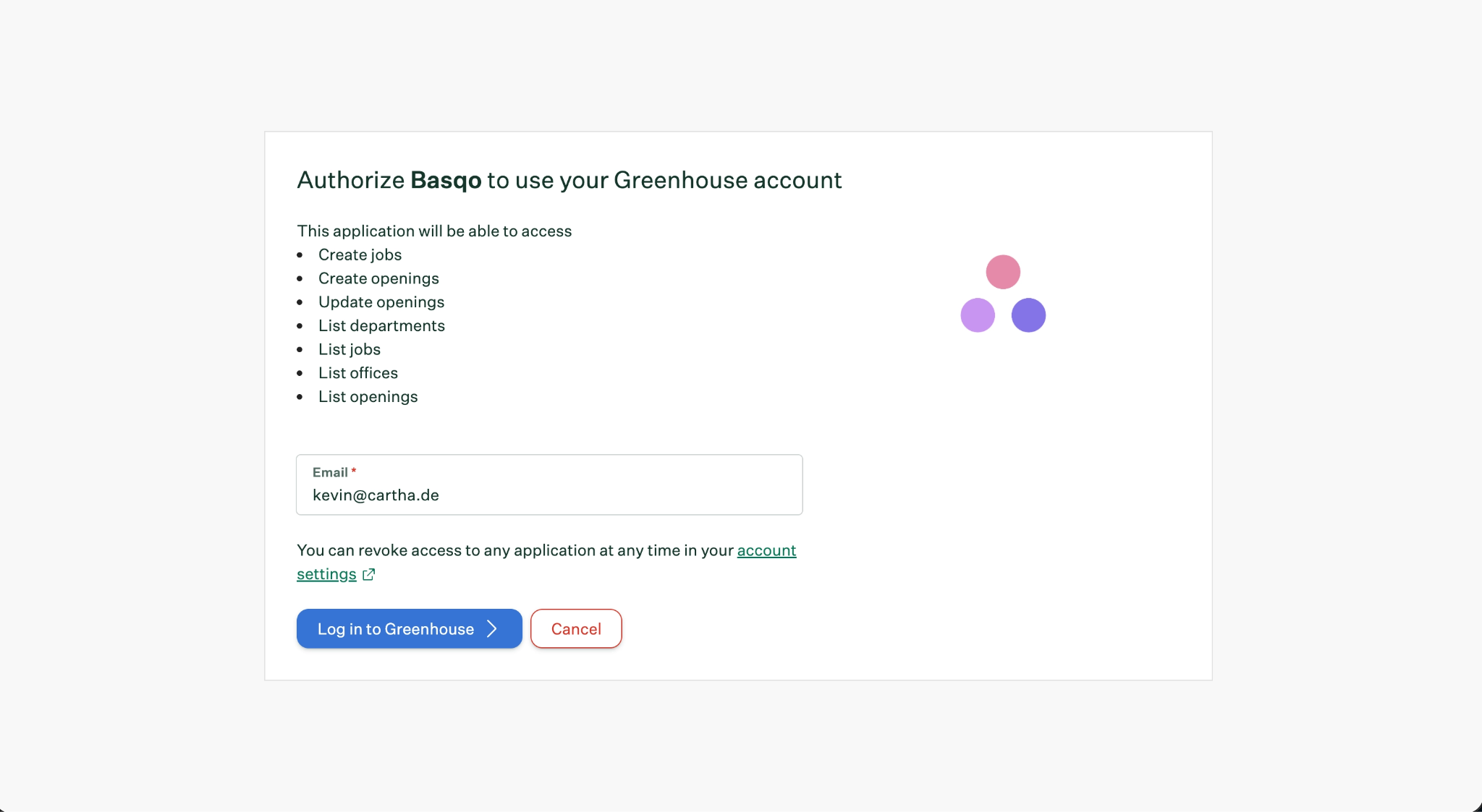 Greenhouse login screen