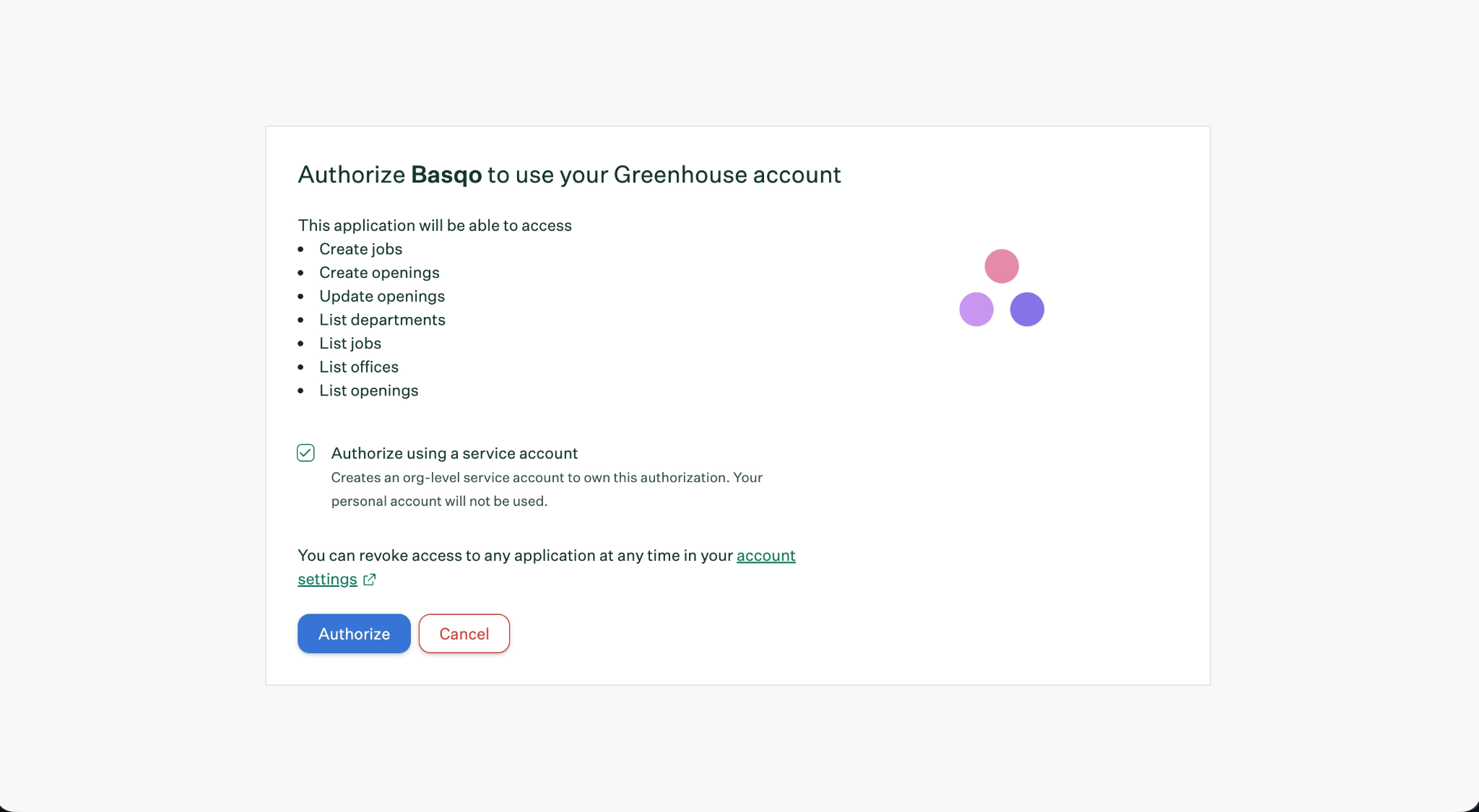 Greenhouse authorization screen with service account checkbox