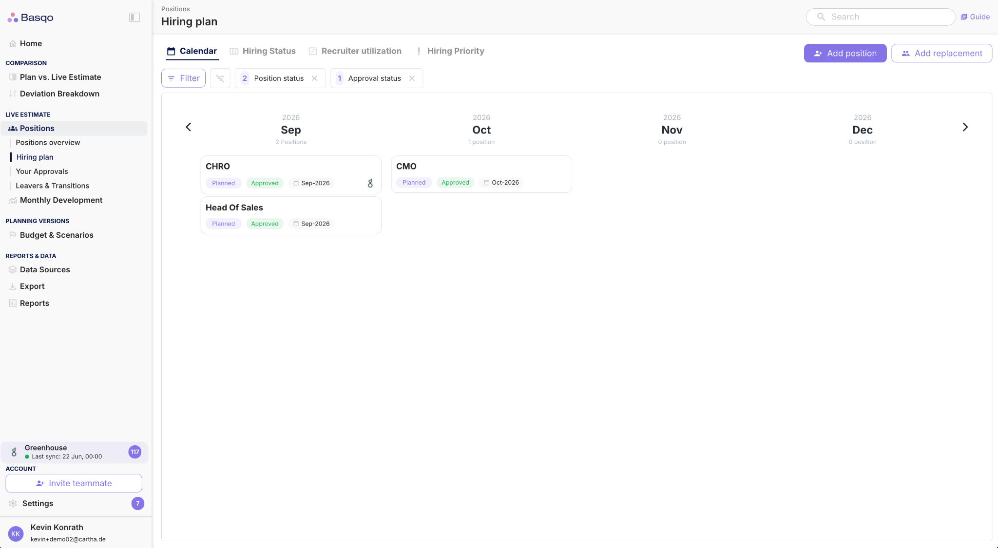 Basqo workforce planning dashboard synced with Greenhouse data