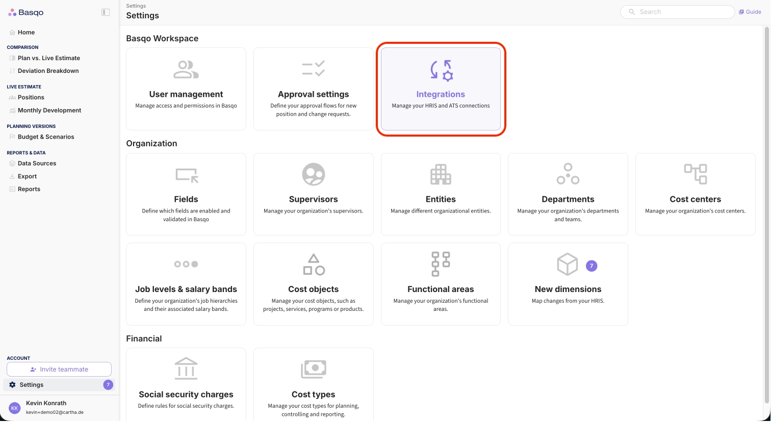 Greenhouse Settings menu with Integrations option