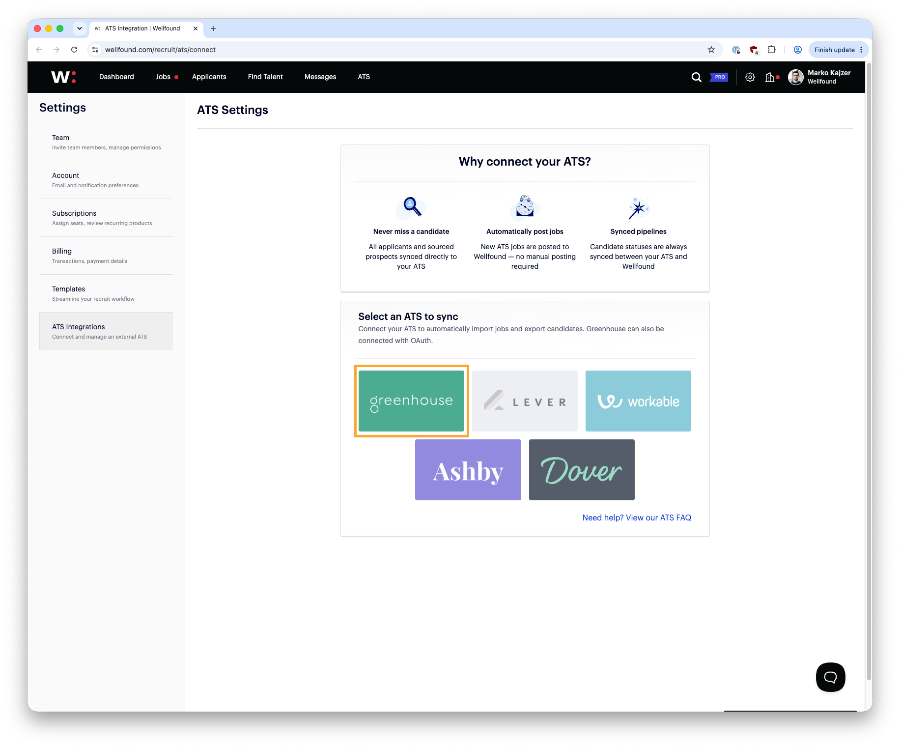 Wellfound ATS Integrations settings page