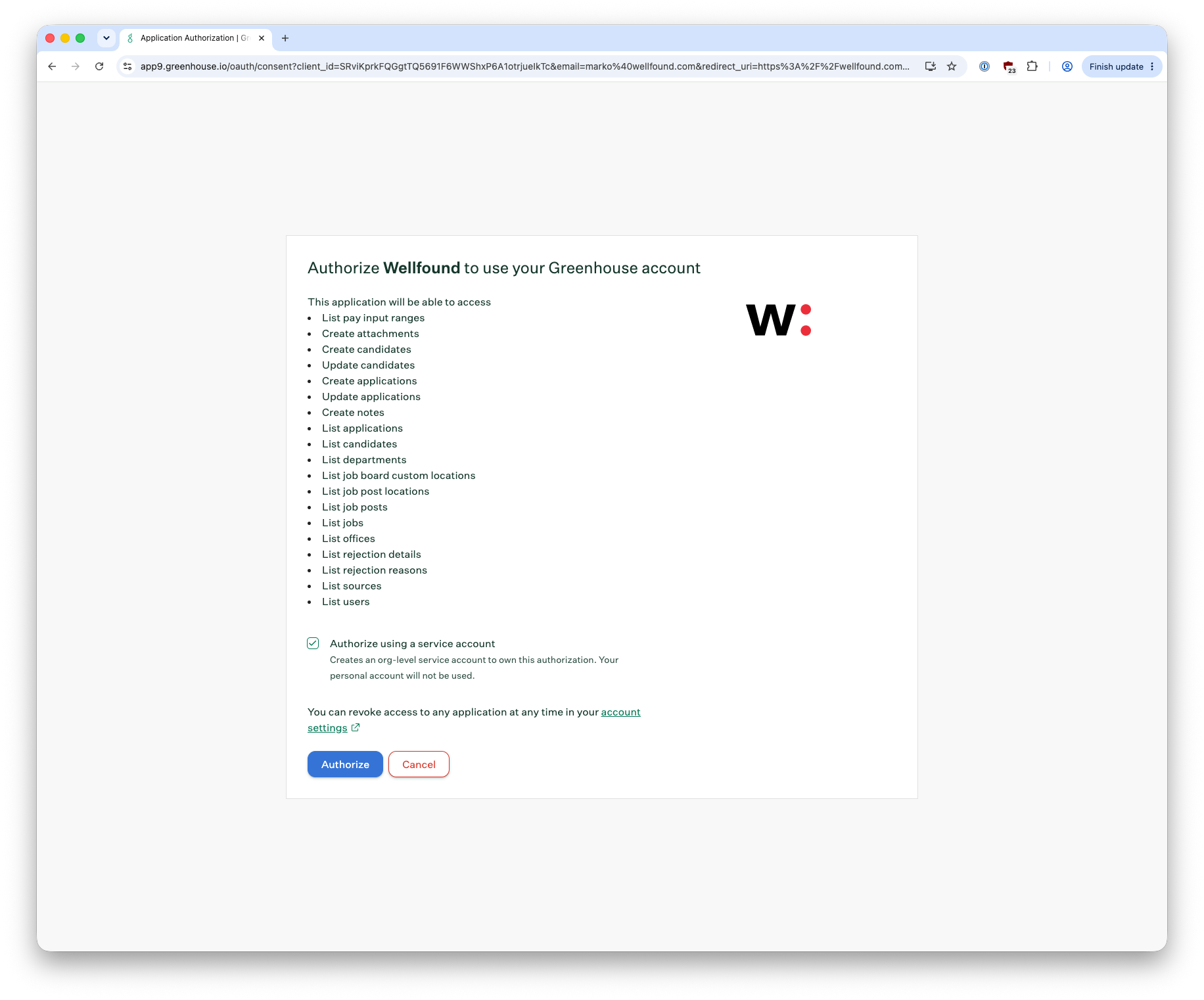 Greenhouse authorization request screen for Wellfound