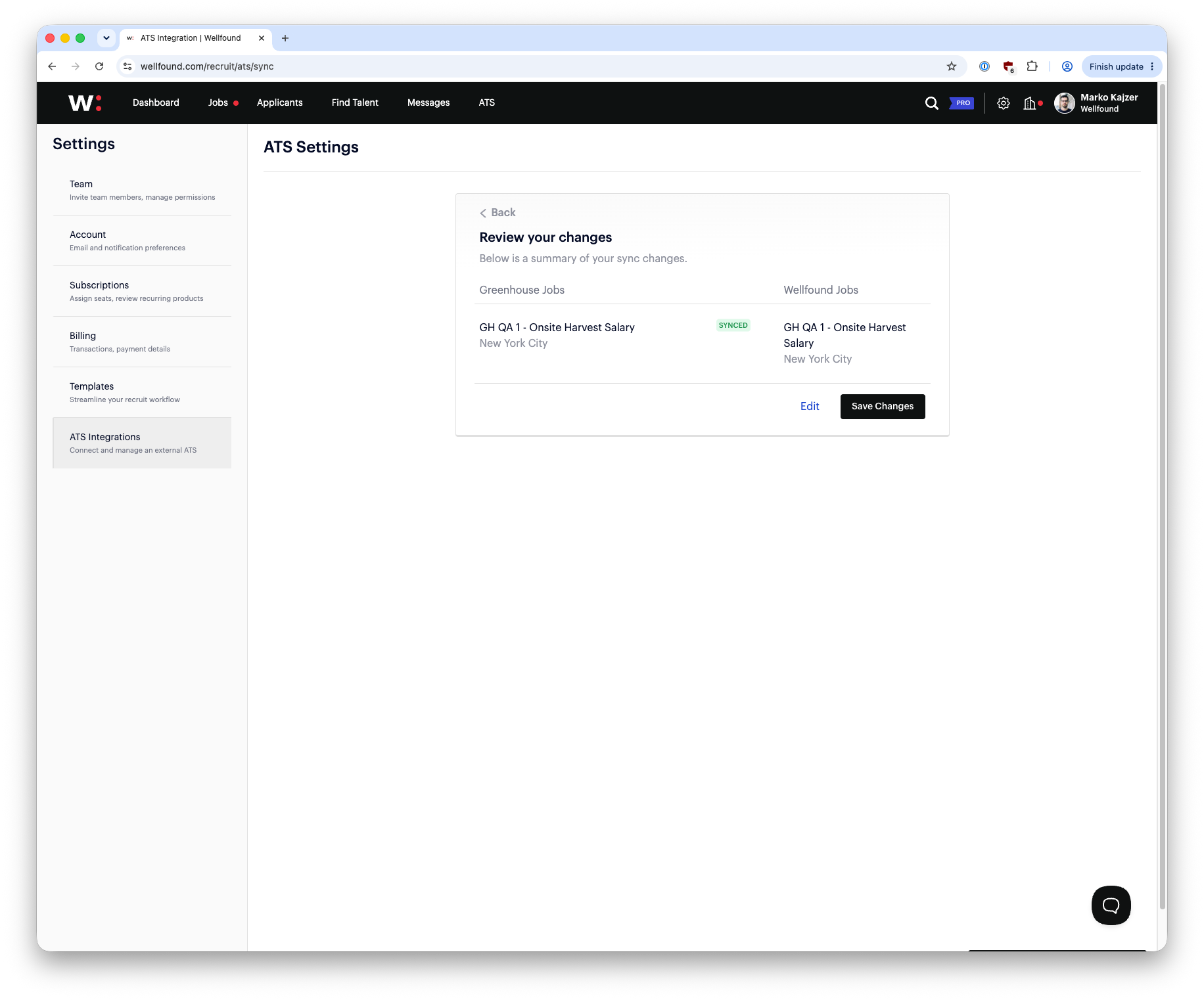 Review your changes confirmation screen