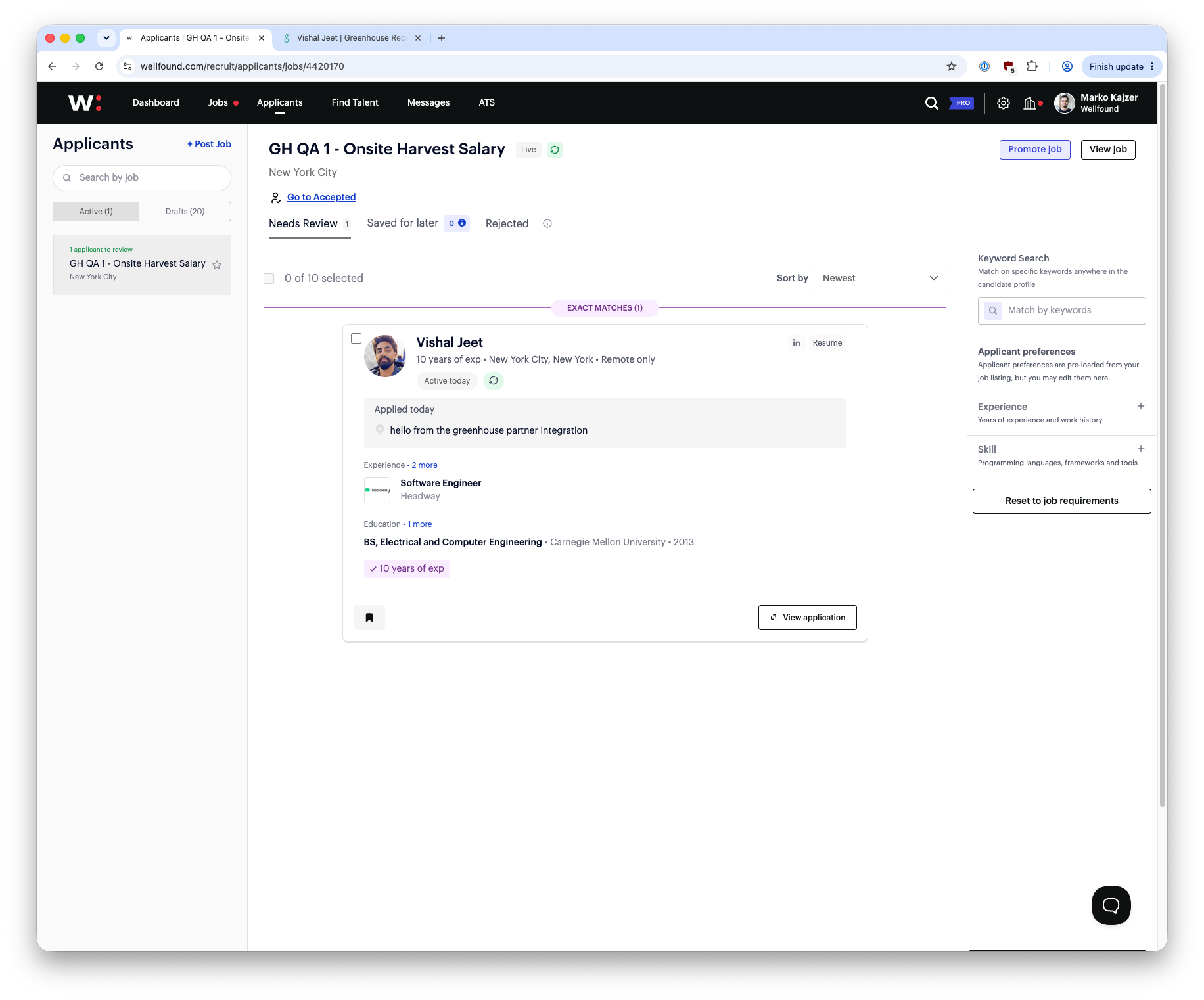 Wellfound candidate export flow screenshot