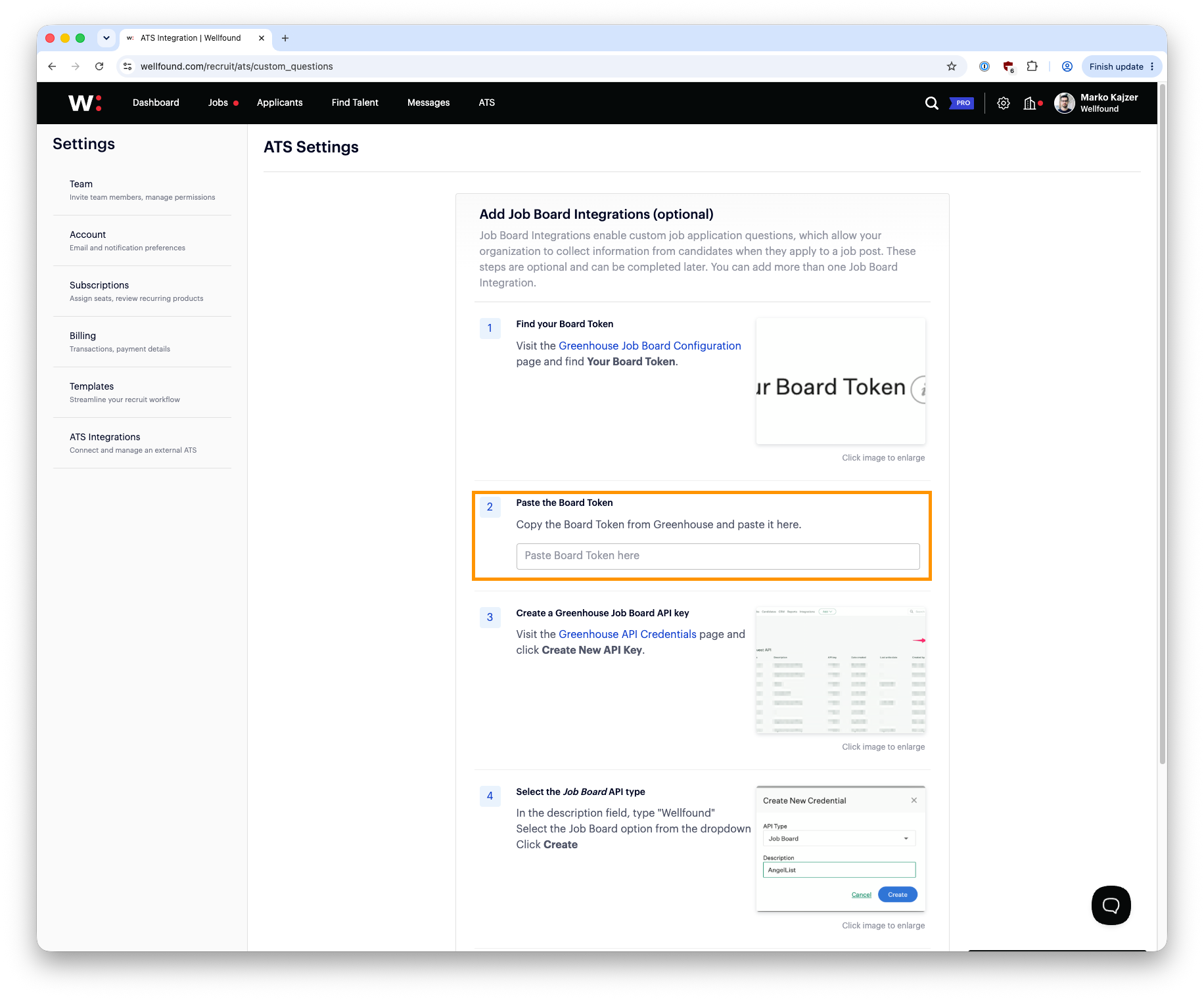 Wellfound ATS Settings Job Board Integrations fields