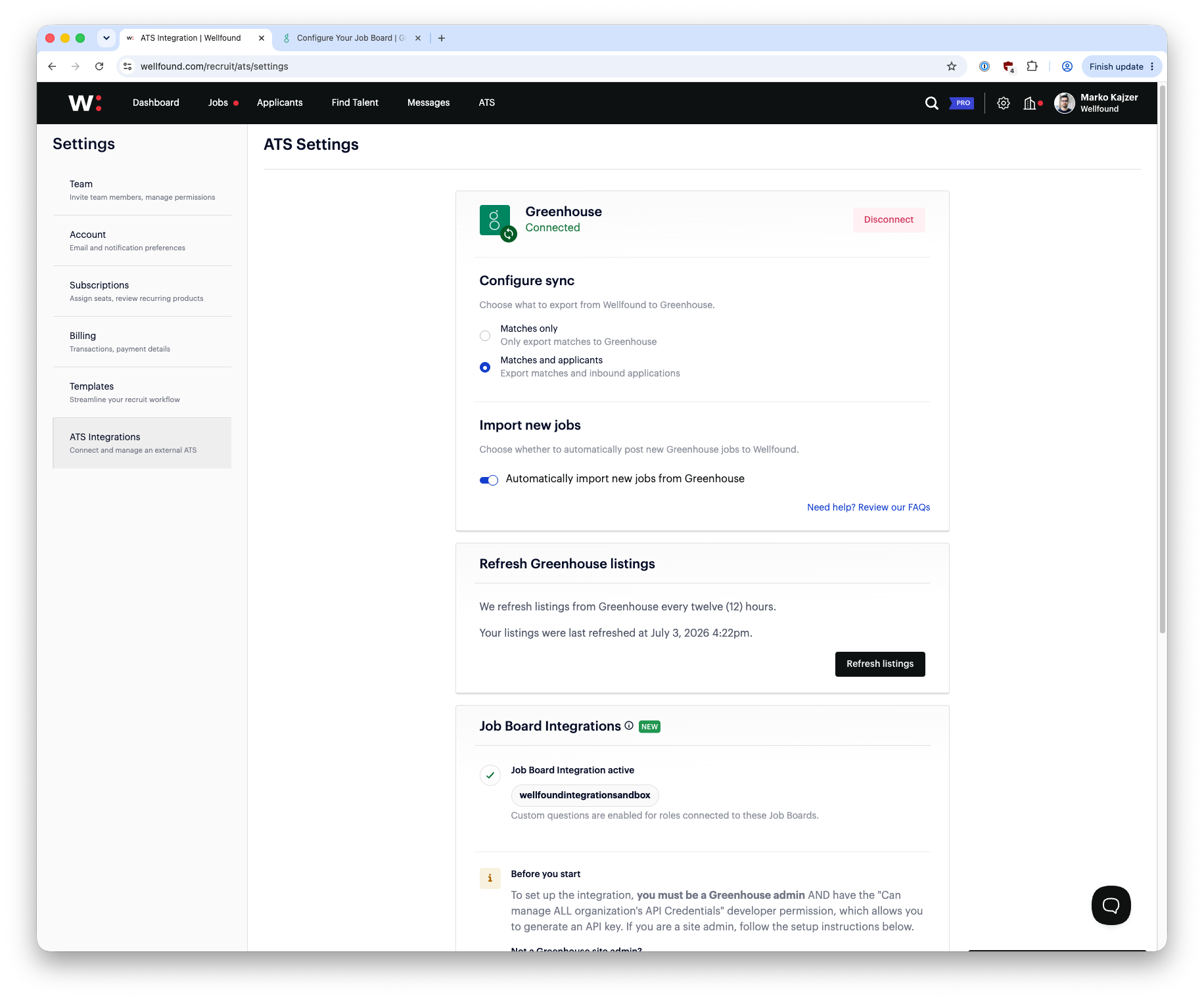Wellfound ATS Settings management page