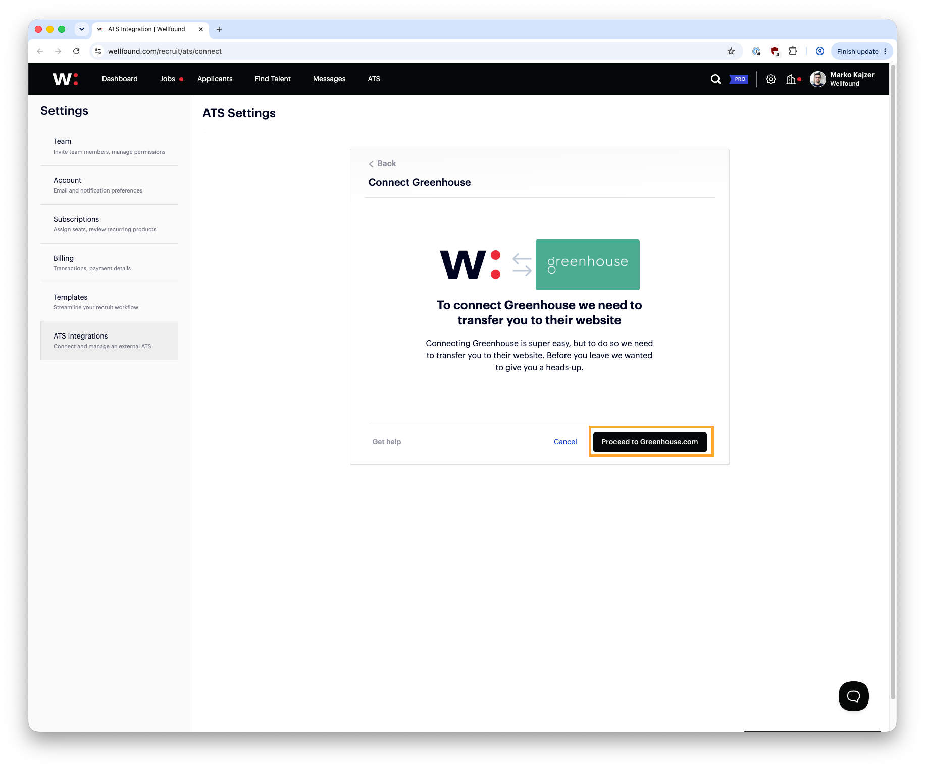 Wellfound Connect Greenhouse confirmation page