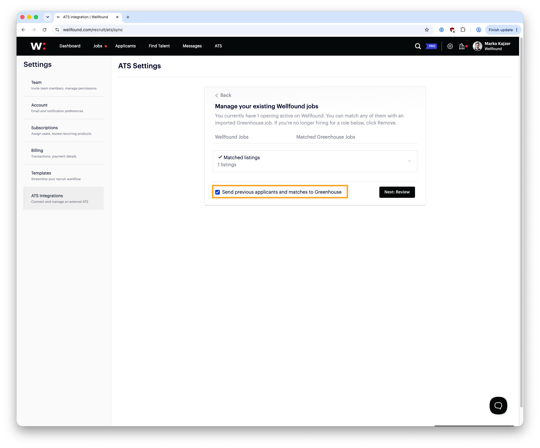 Manage existing Wellfound jobs screen