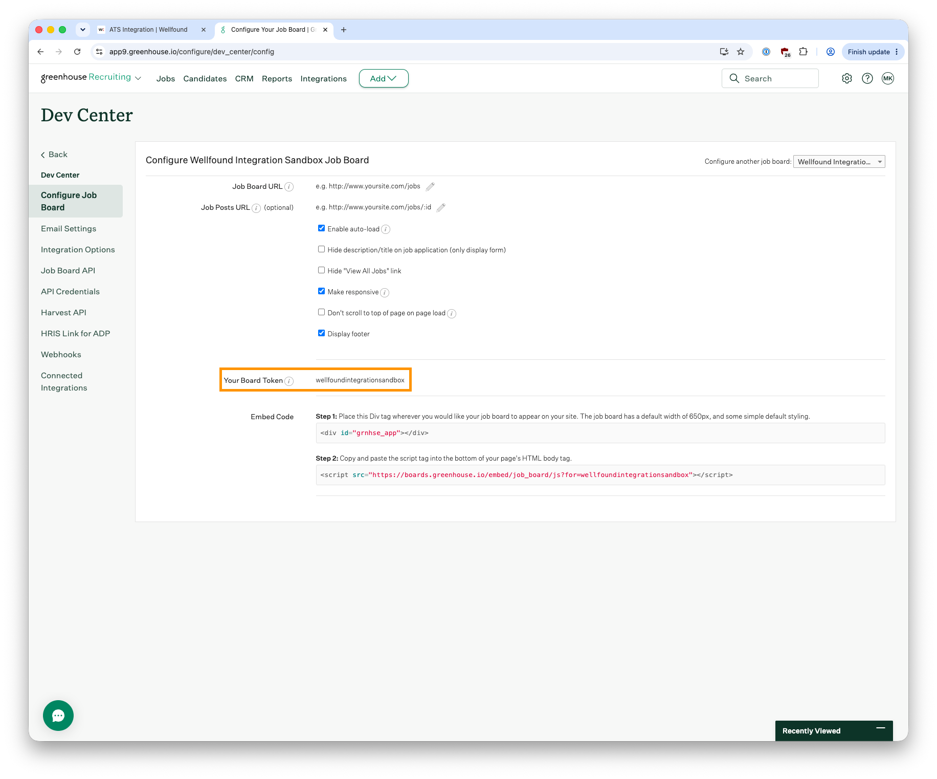 Greenhouse Configure Job Board page showing Board Token