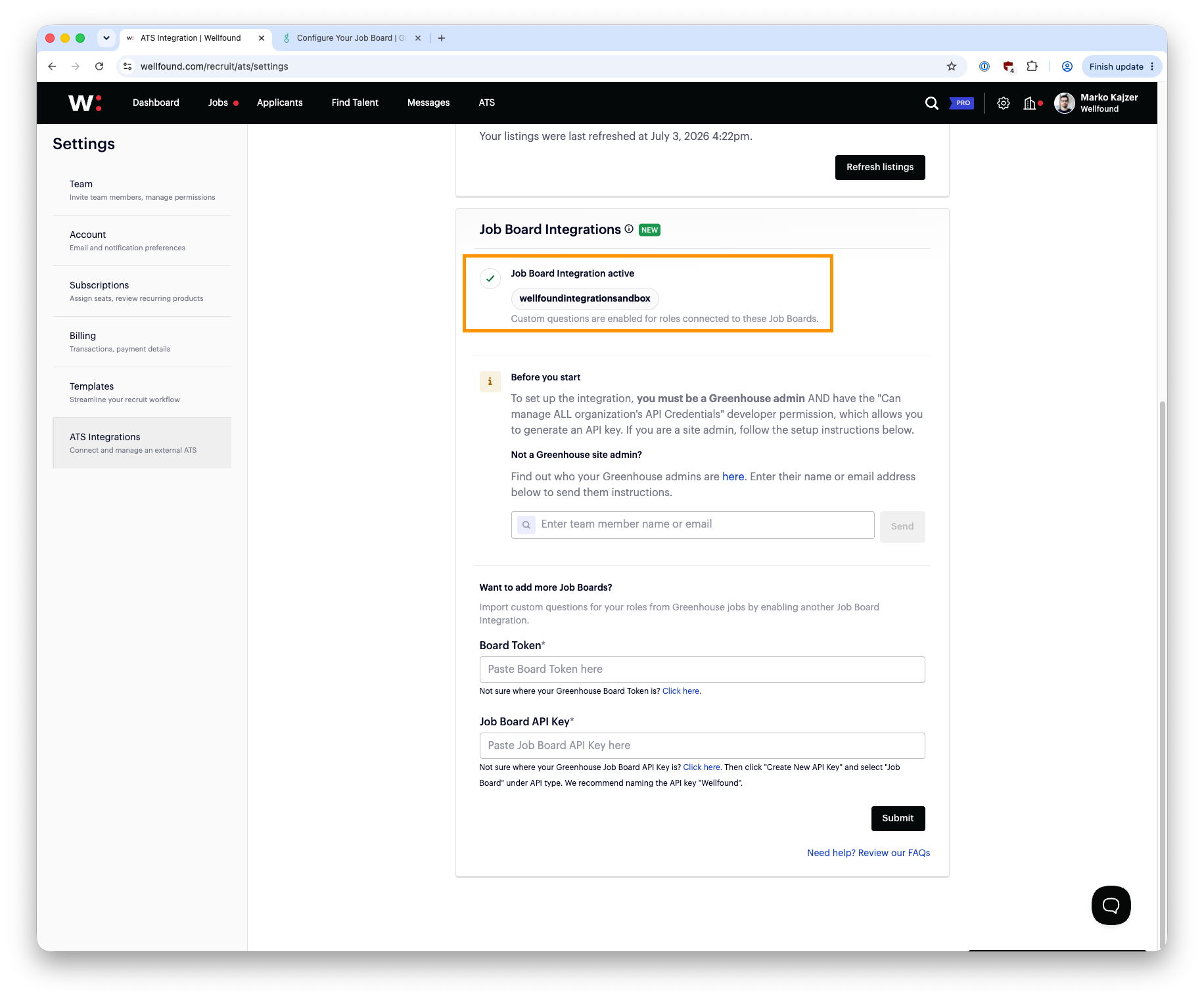 Wellfound Job Board Integration activated confirmation