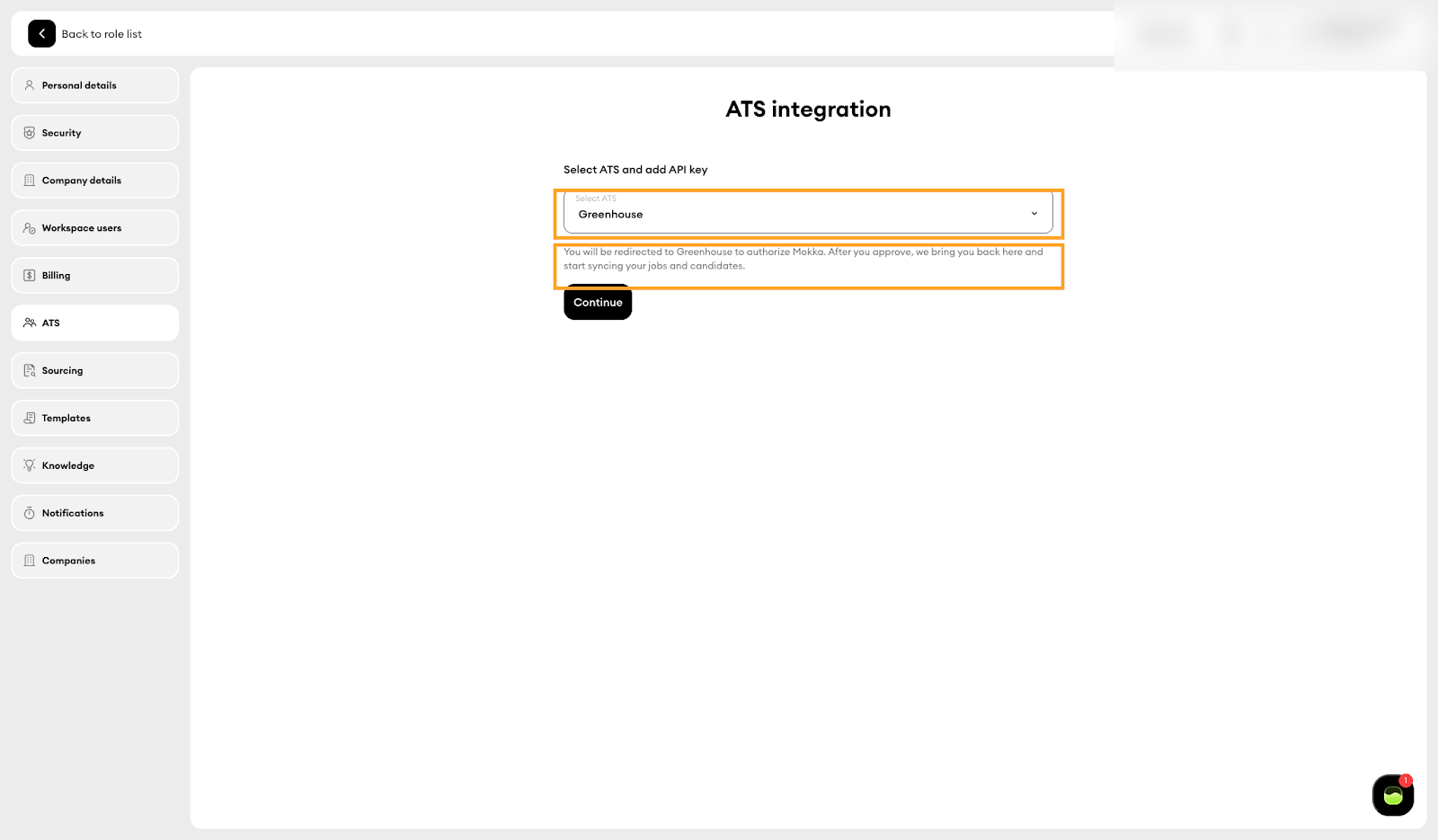 Select Greenhouse in Settings, ATS