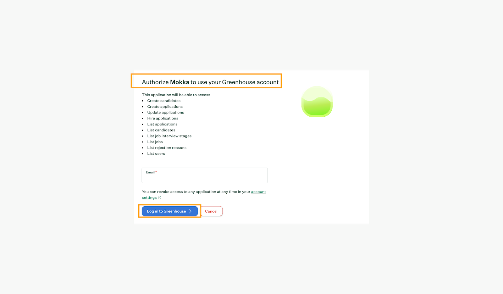 Authorize Mokka on Greenhouse
