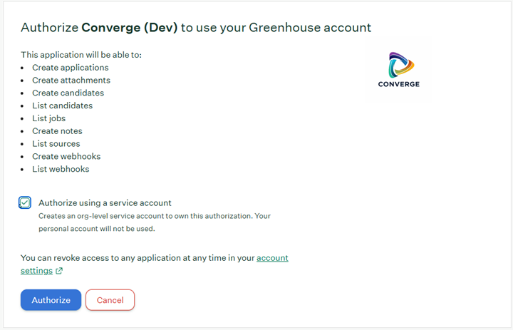 Greenhouse authorization screen for Converge