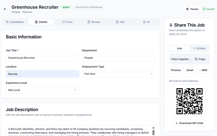 Converge job record showing synced Greenhouse job details