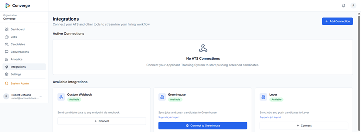 Converge Integrations page with Connect Greenhouse button