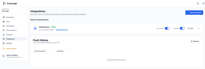 Converge integration status showing Active
