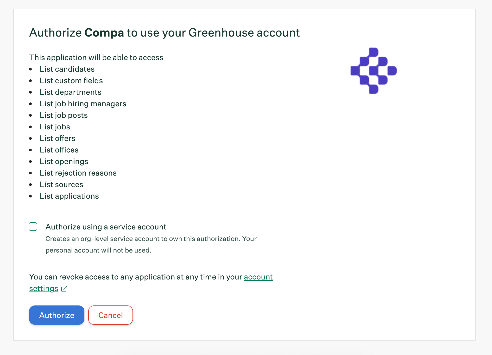 Greenhouse login screen for the Compa integration