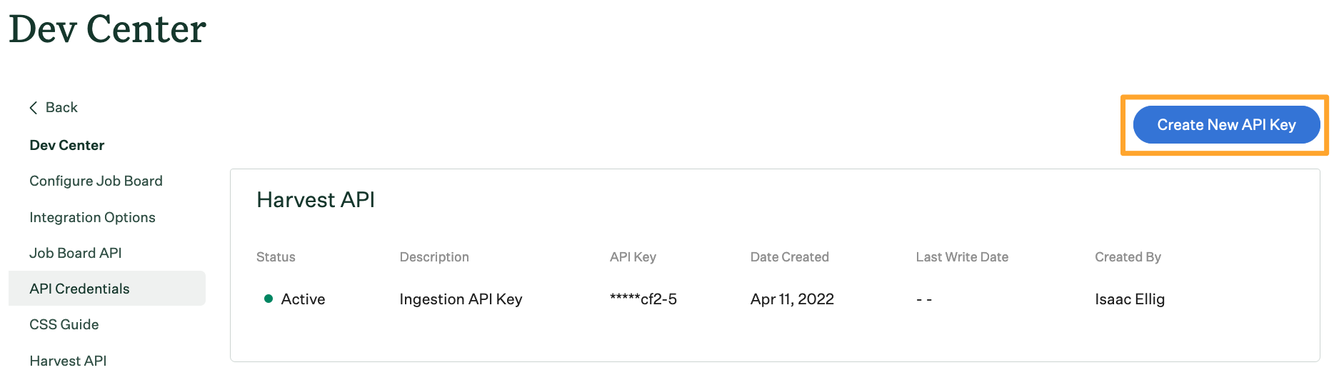 Screenshot of Create new API key button