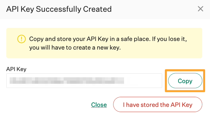 Screenshot of a copied API key