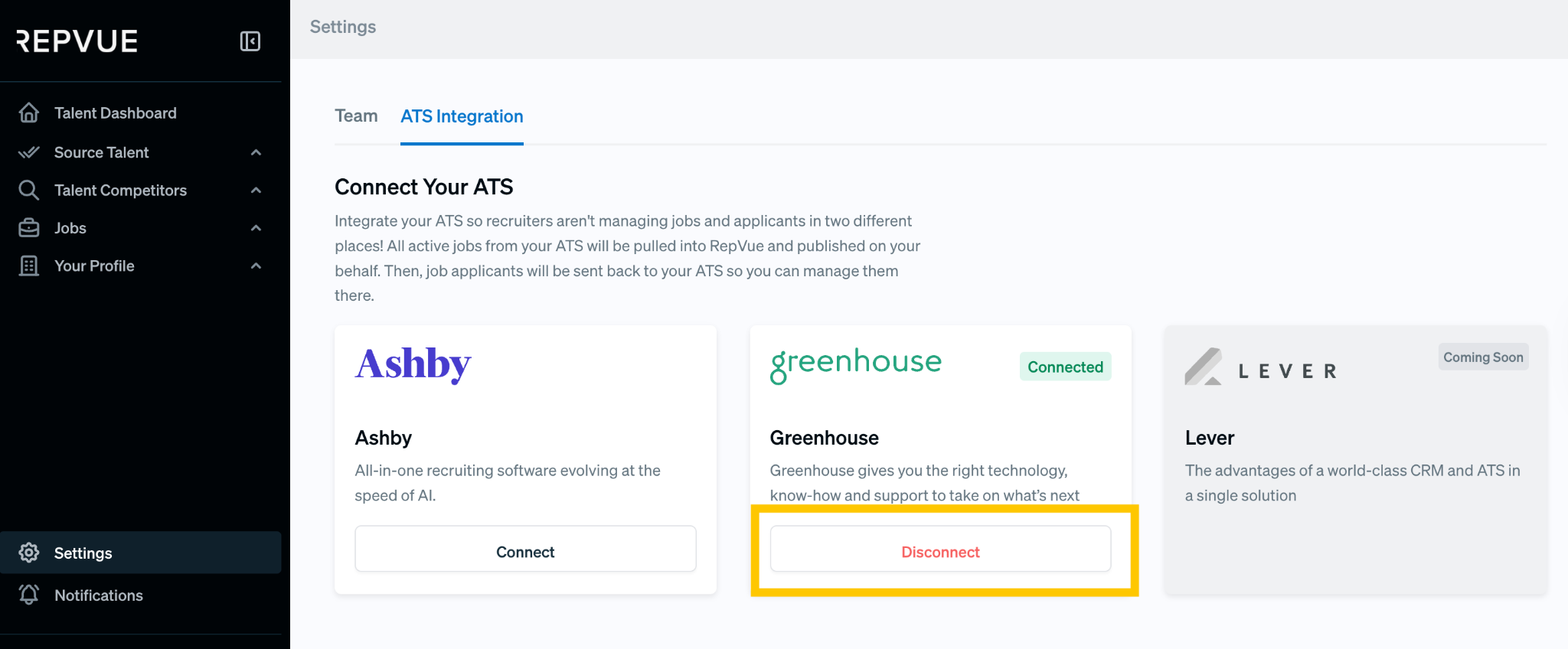 RepVue Settings ATS Integrations page showing the Greenhouse card with a Connect button