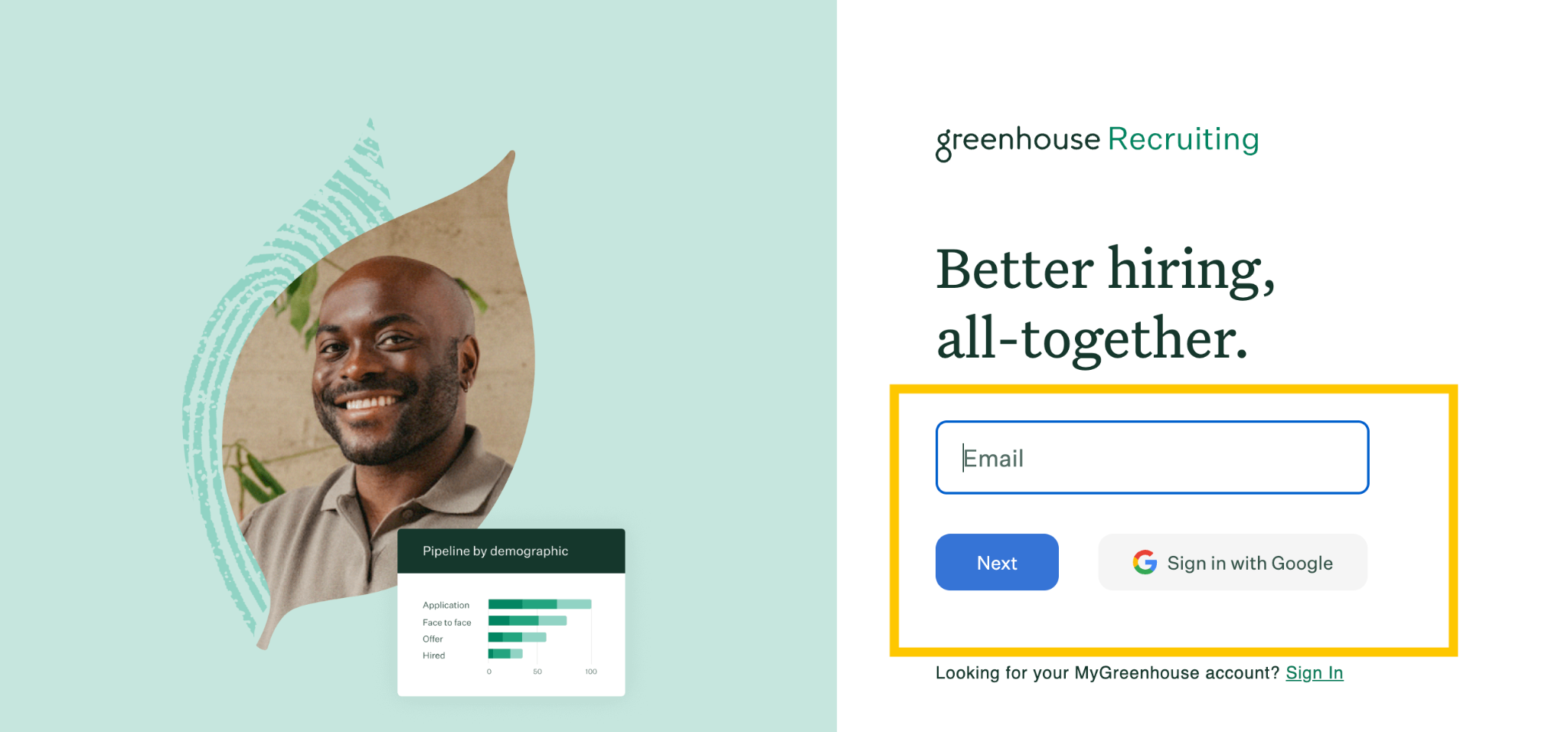 Greenhouse login screen with email or Google sign-in options