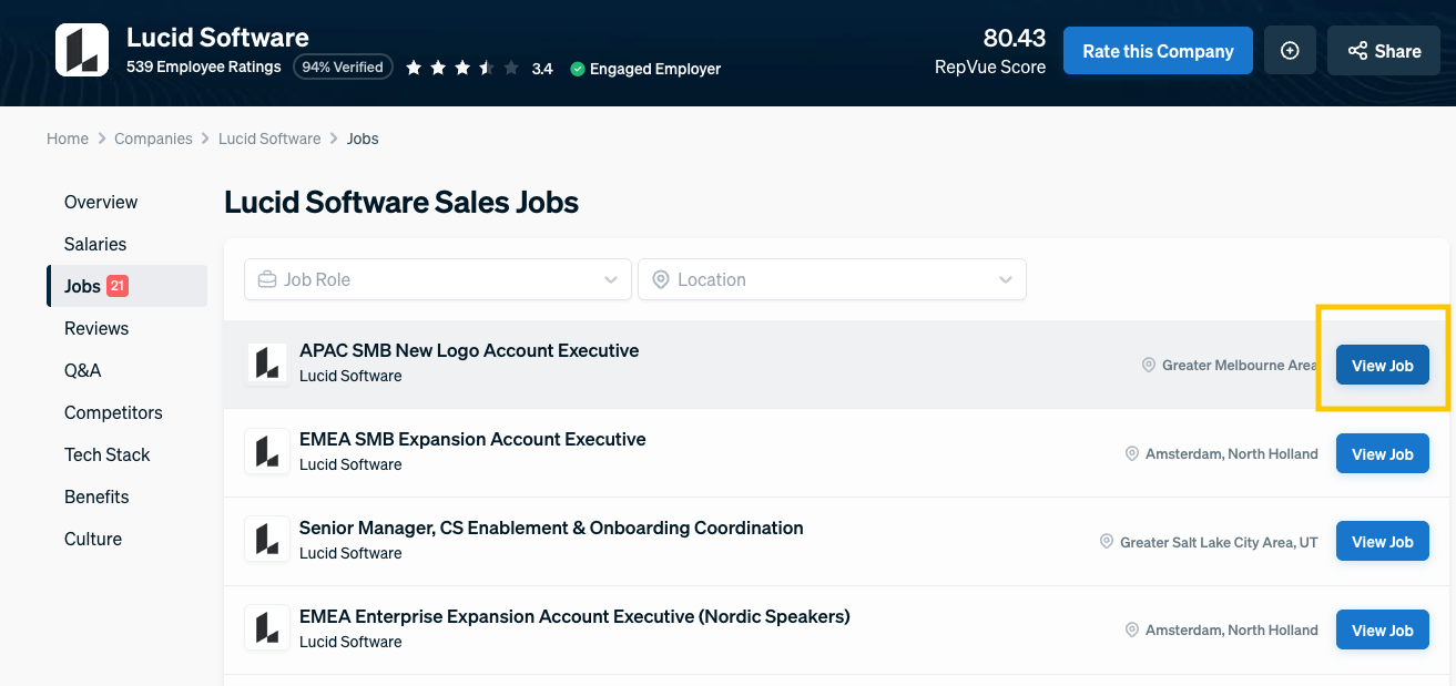 RepVue job post with View Job button
