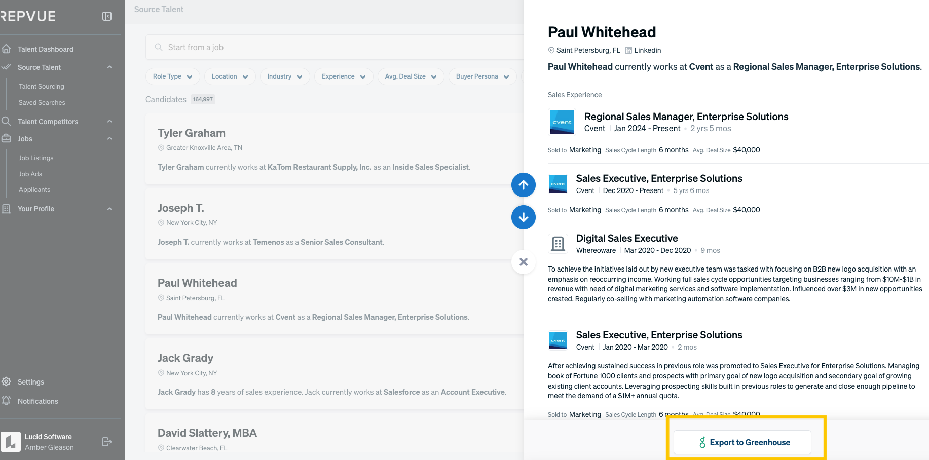 RepVue candidate detail page with Export to Greenhouse button