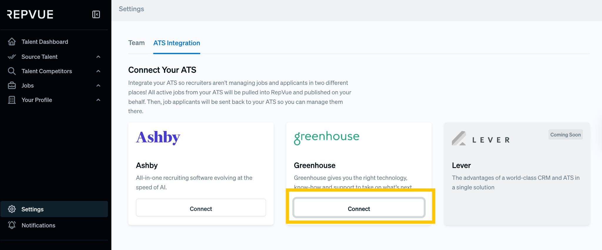 RepVue Greenhouse integration card after clicking Connect
