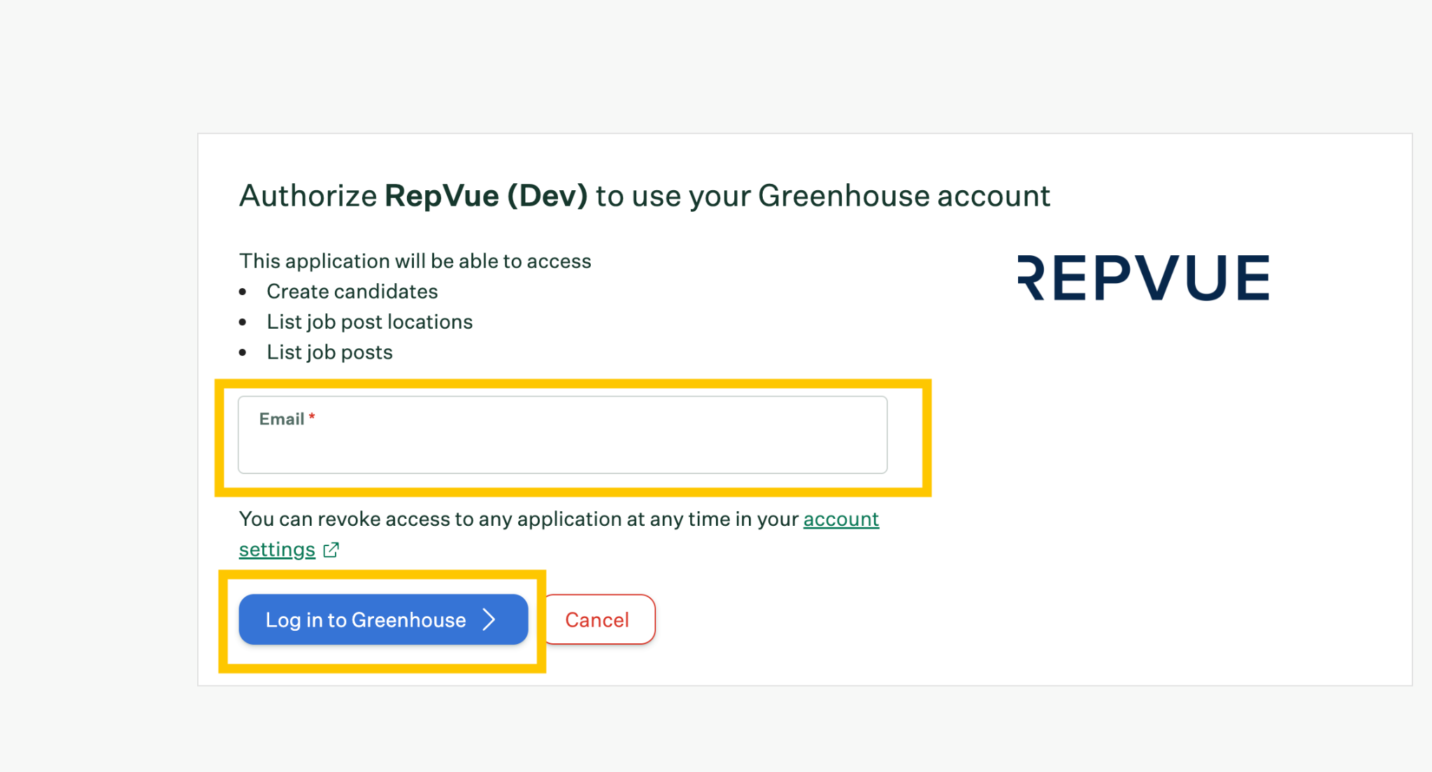 Log in to Greenhouse screen with email field