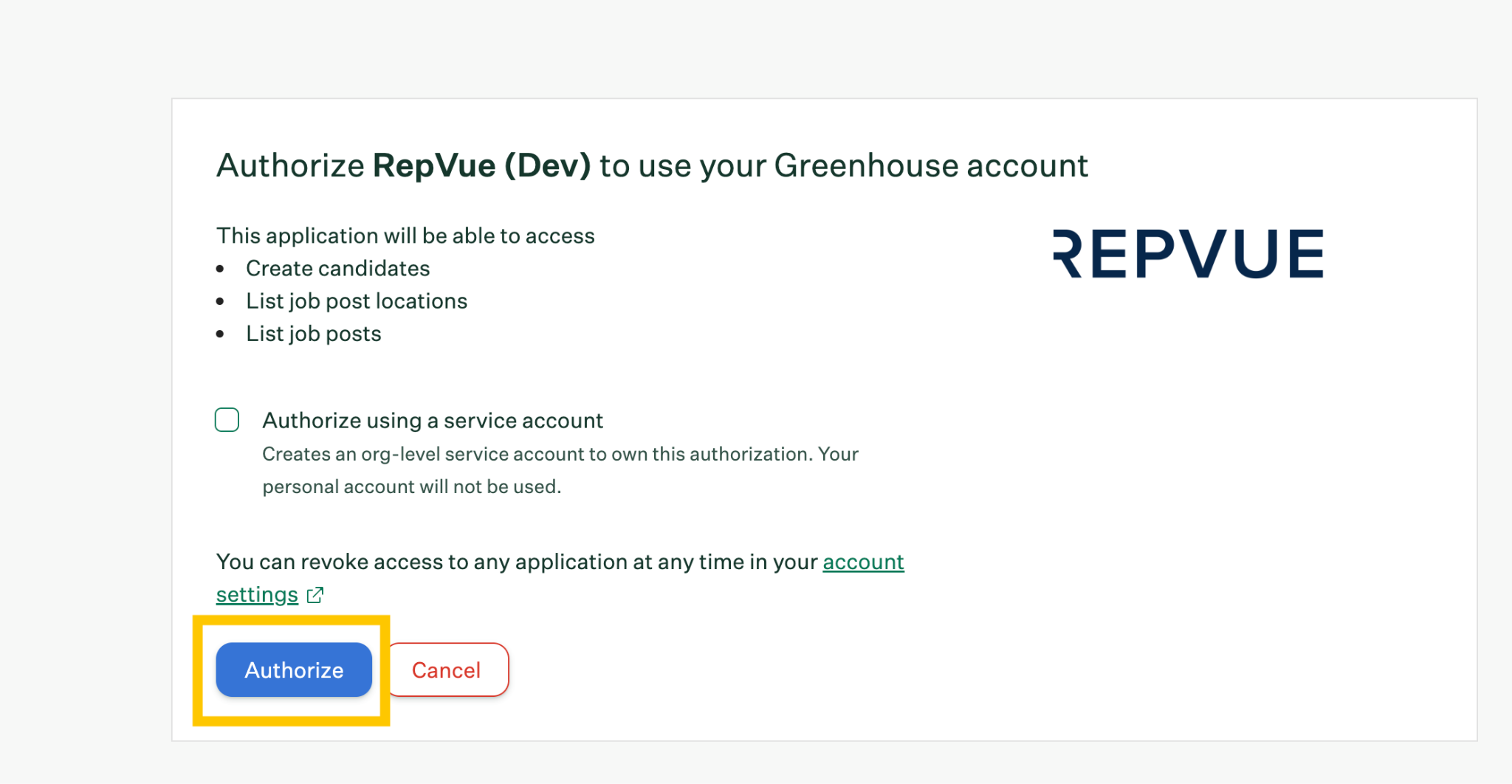 Greenhouse authorize application screen with Authorize button