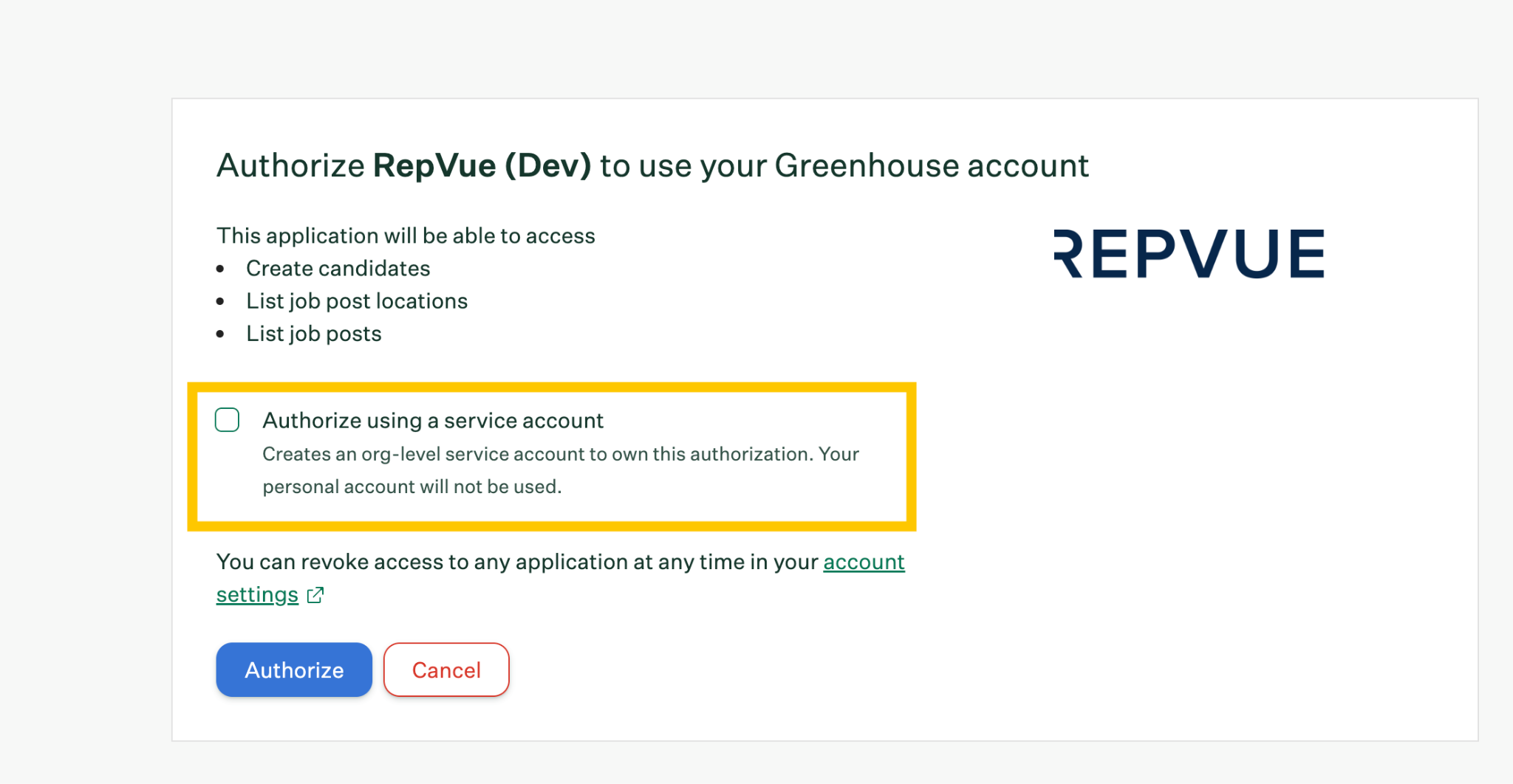 Authorize using a service account checkbox option