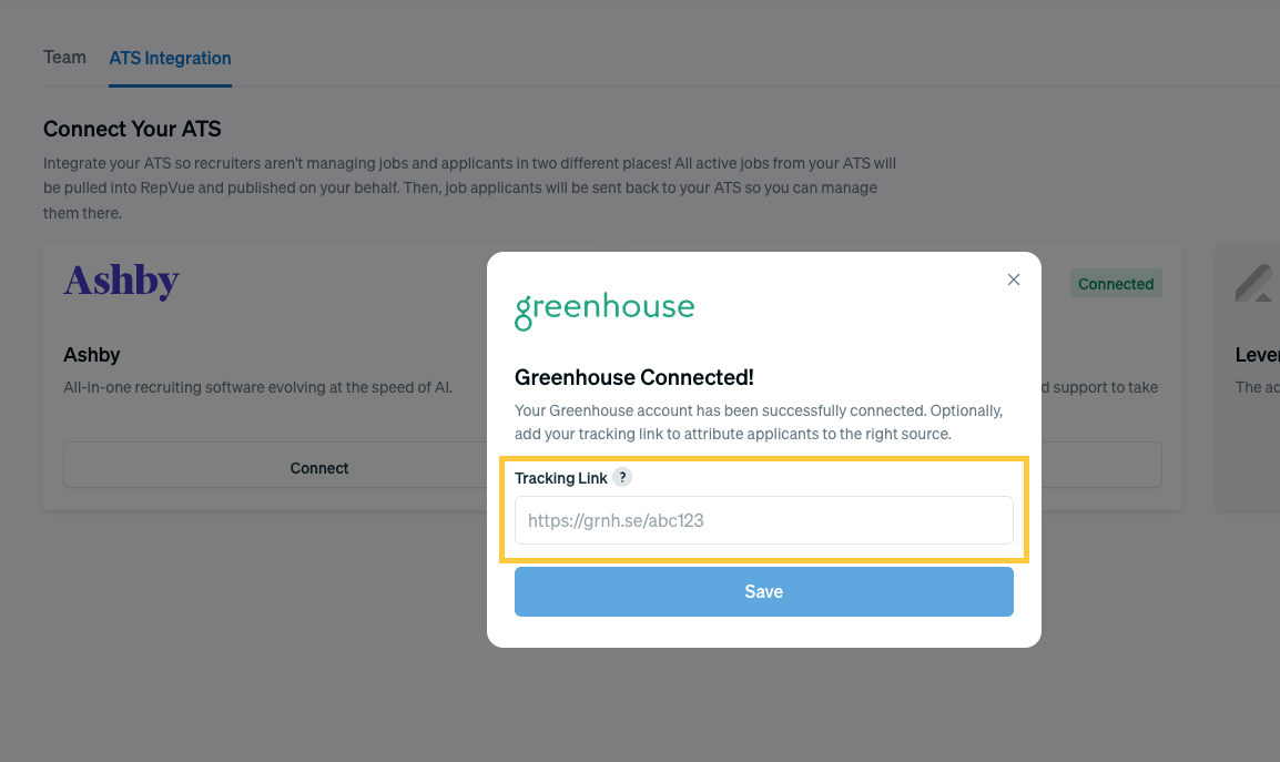 RepVue Tracking Link field with Save button