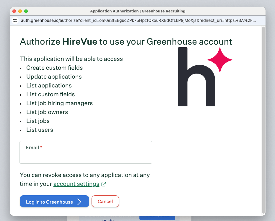 Greenhouse email entry screen
