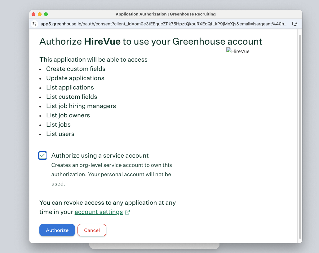 Authorize using a service account checkbox
