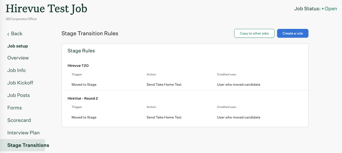 Stage Transition rule configuration screen