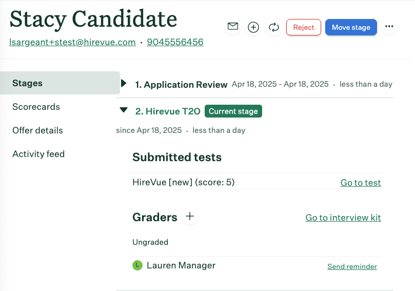 Interview Kit link to submitted test in Hirevue