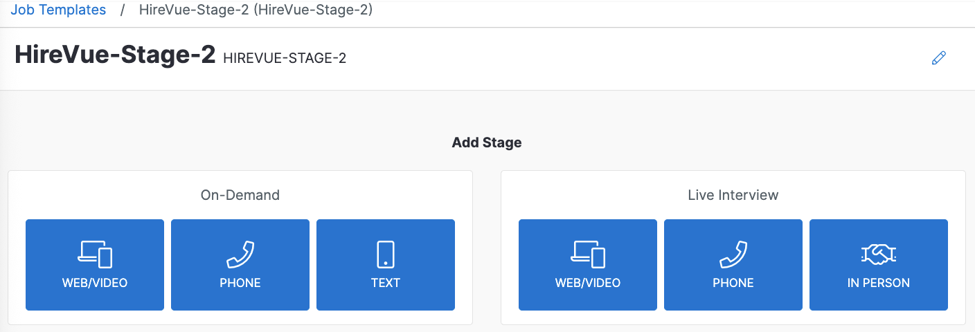 Hirevue job template setup screen