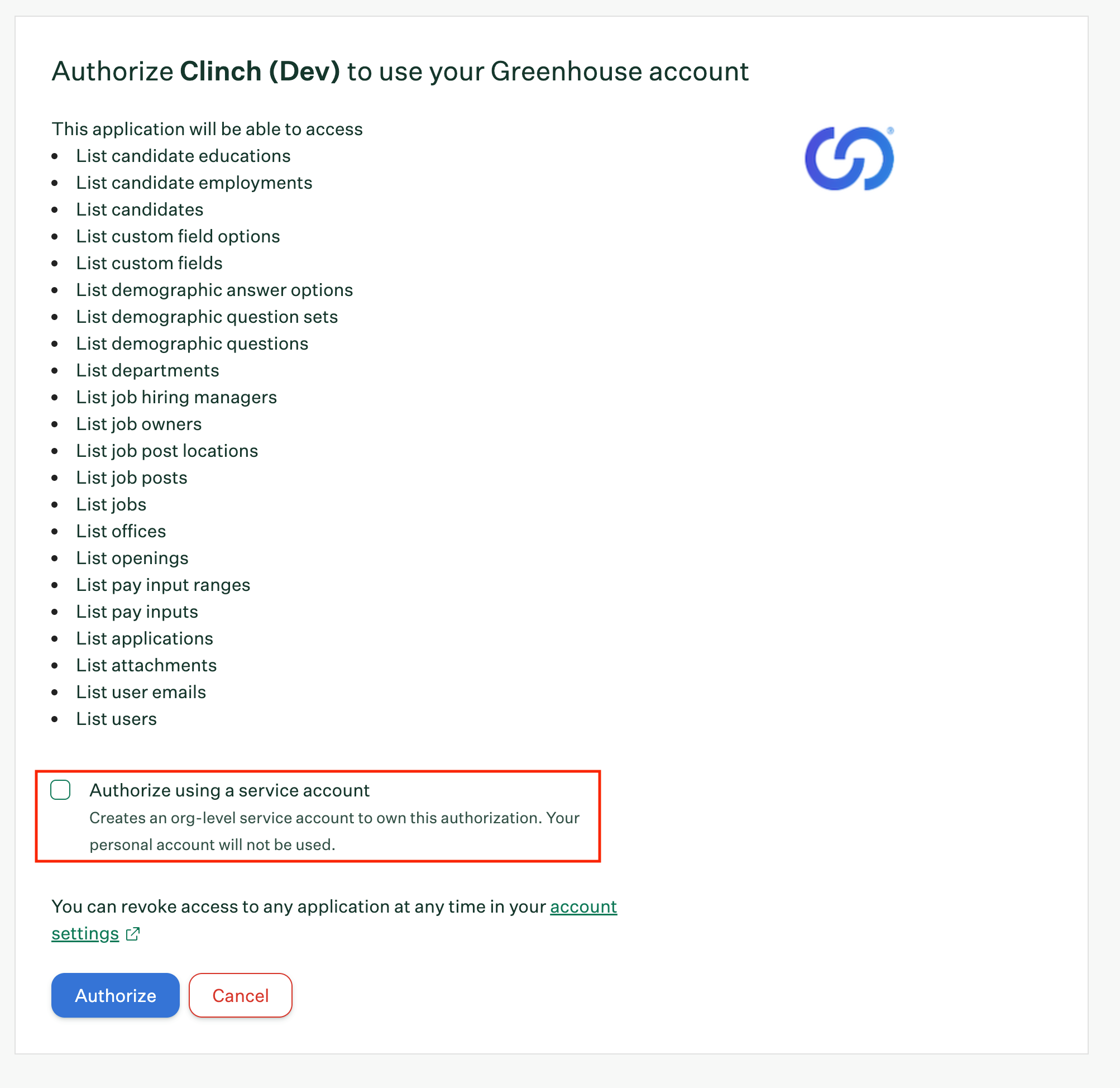 Greenhouse authorize using a service account screen