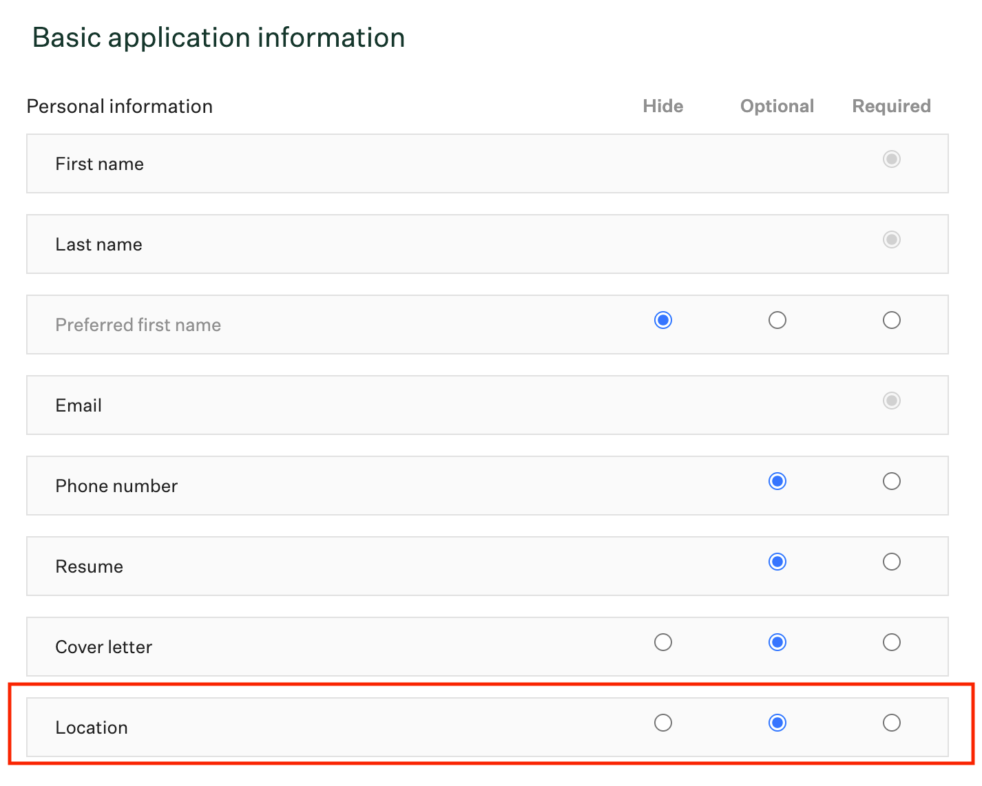 Greenhouse job settings location field