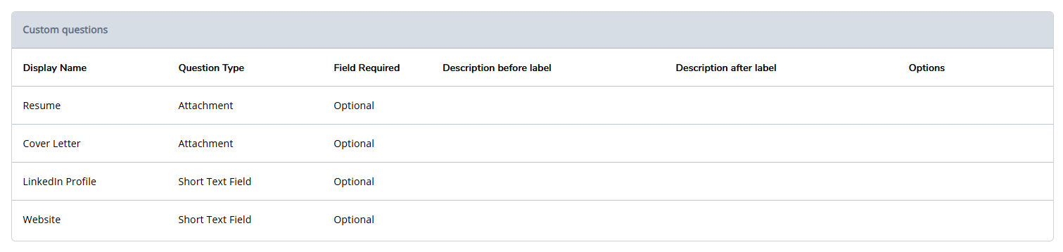 Read-only application questions on job page