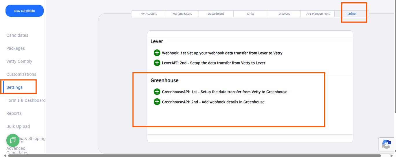 Greenhouse Partner option in Vetty Client Portal