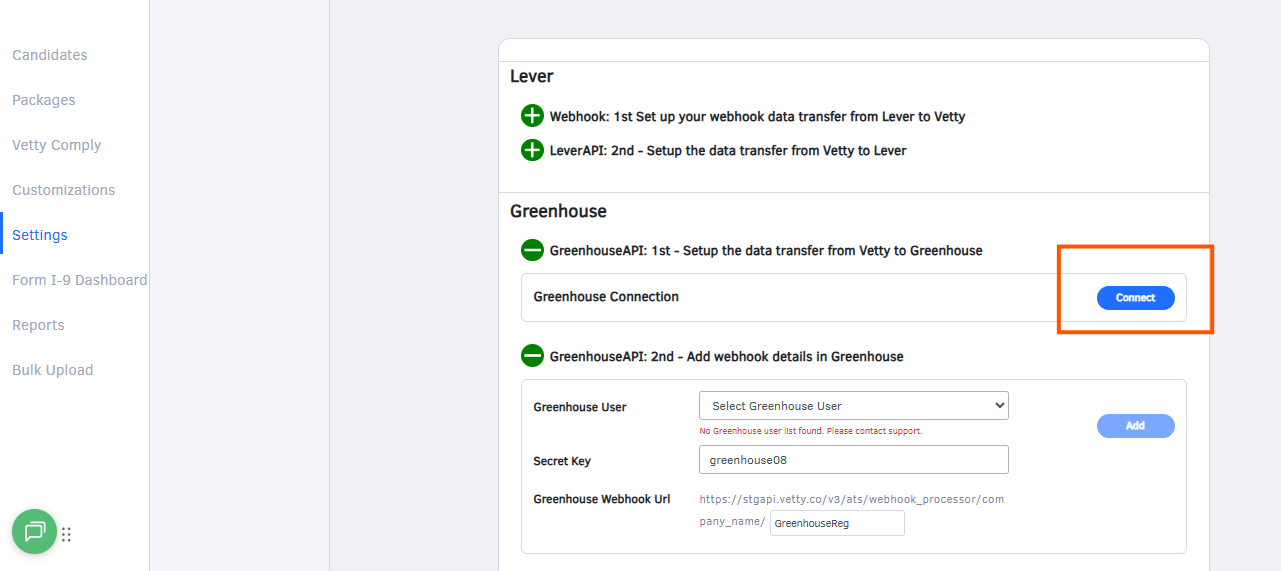 Connect button for Vetty to Greenhouse data transfer