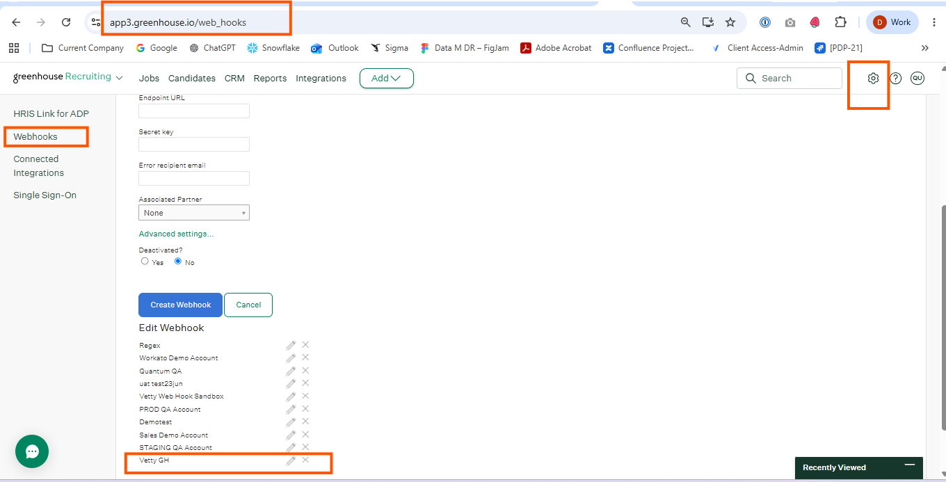 Webhooks list in Greenhouse Dev Center