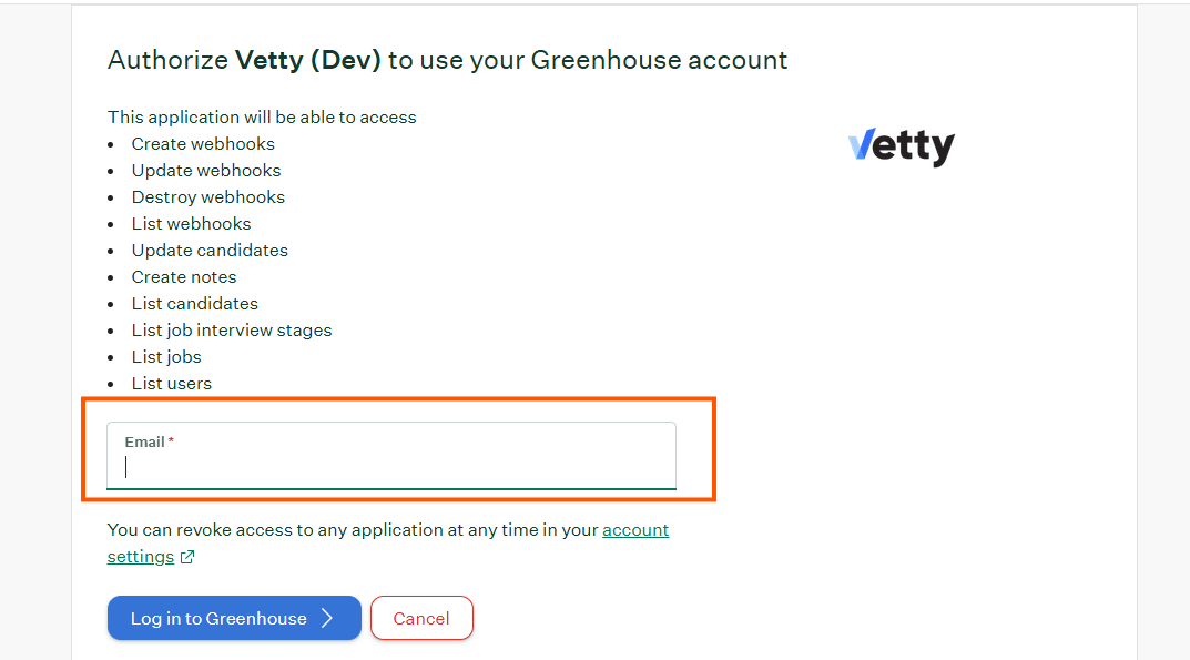 Authorize Vetty to access Greenhouse account screen