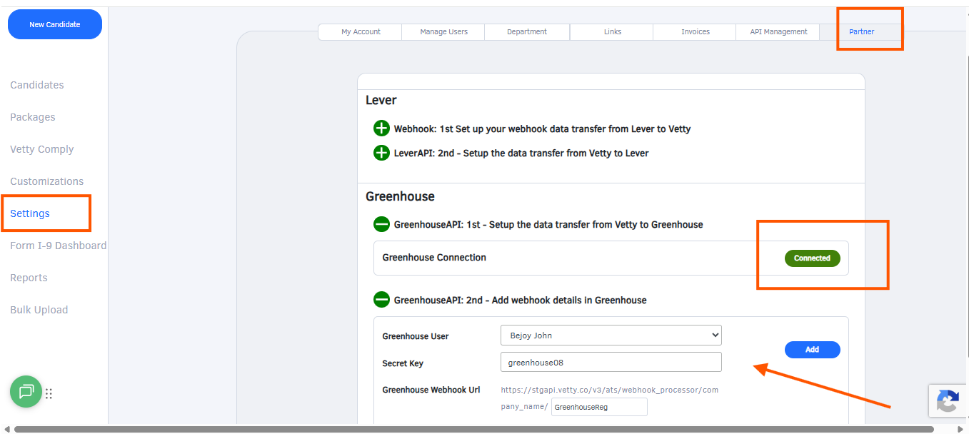 Add webhook details in Greenhouse screen