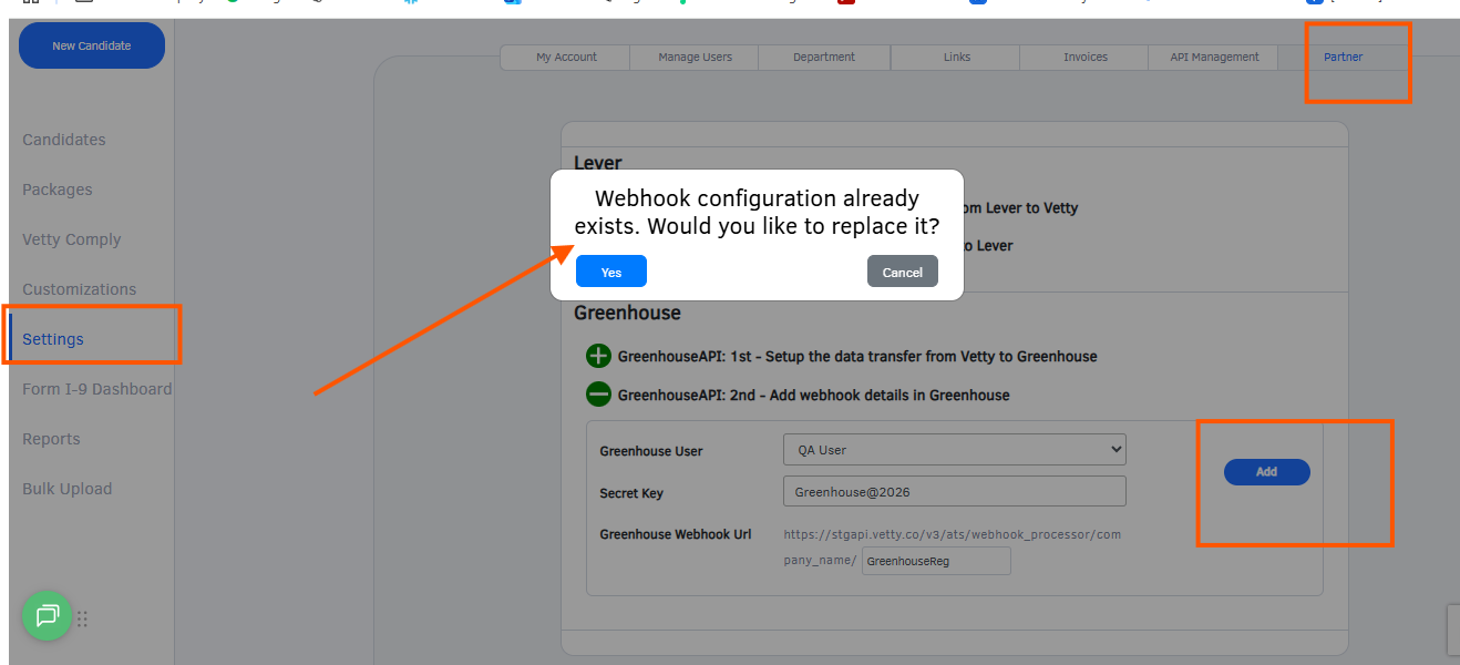 Webhook already configured validation pop-up
